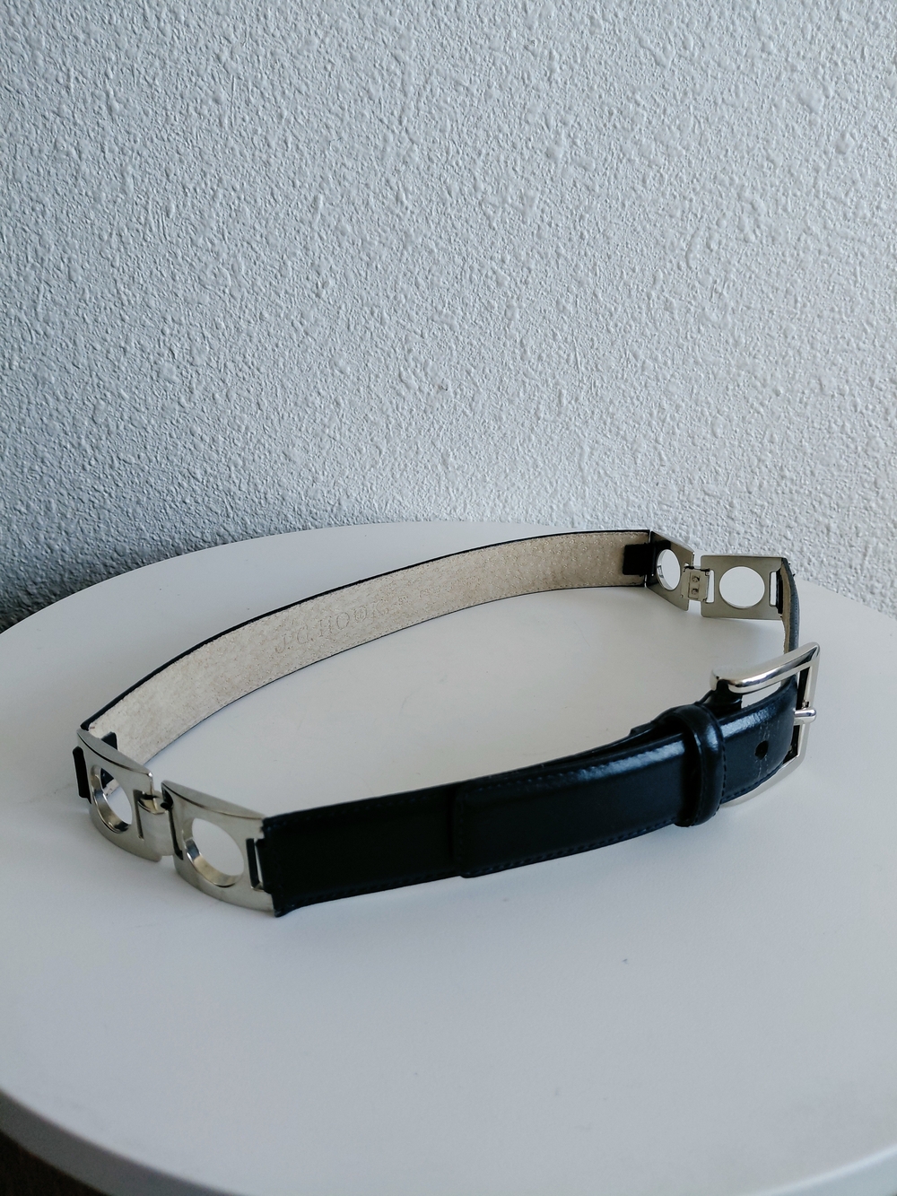J.G. Hook Silver Ornate Silver Metal Insertions Leather Belt Vintage